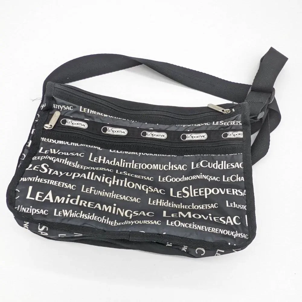 LeSportSac Black All Over Text Print Everyday Messenger Adjustable Crossbody Bag